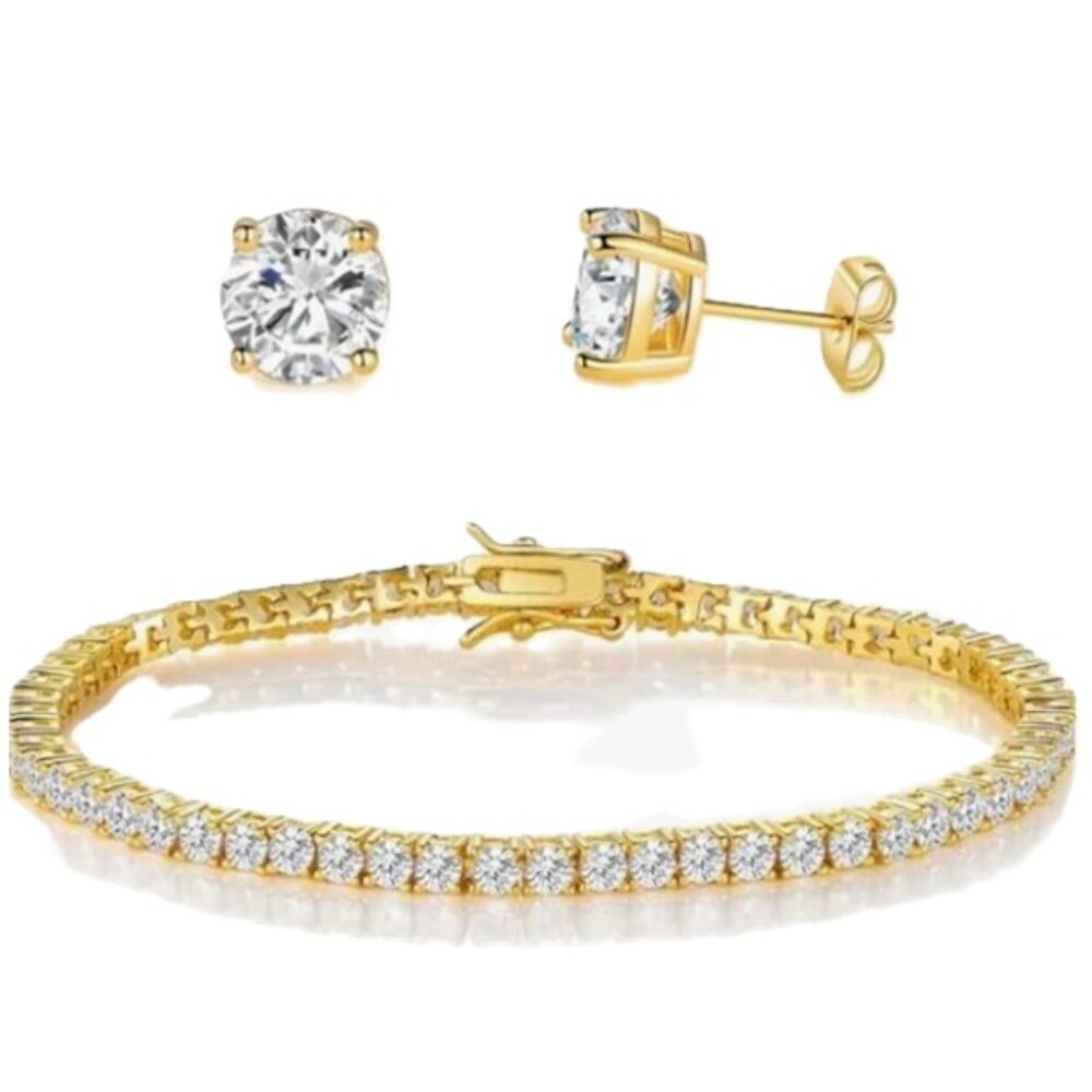 18k Rhodium Electro-Plated Tennis Bracelet & Earring Lab Created Cubic Zirconia
